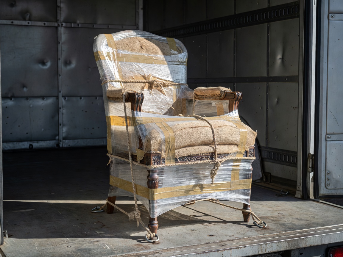 Carefully wrapped antique chair in transit vehicle