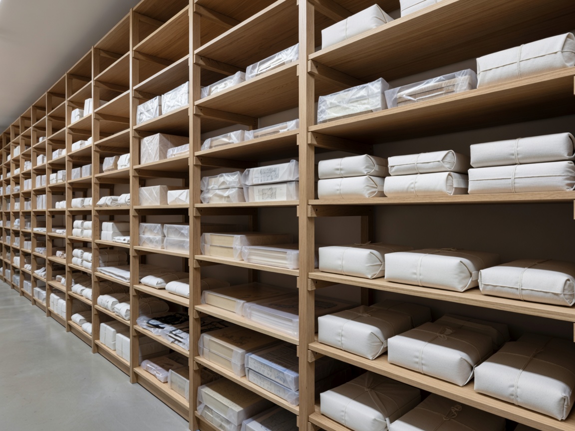 Climate controlled archival storage facility with wooden shelving and wrapped objects