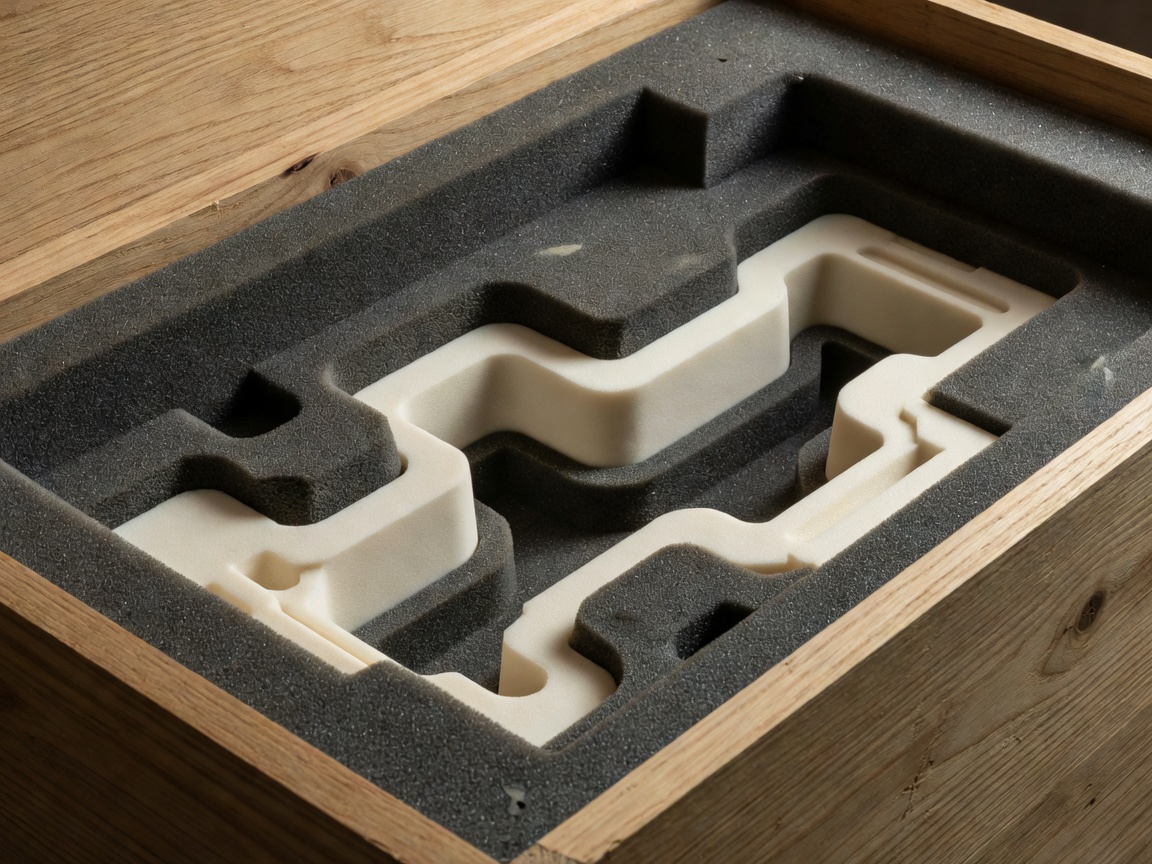 Detail of protective internal padding inside a custom-built wooden transport crate