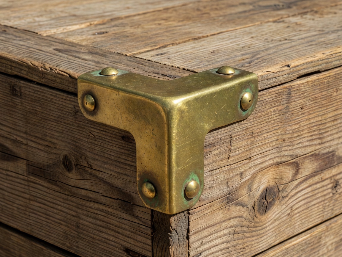 Detail shot of brass corner protection on a wooden transport crate
