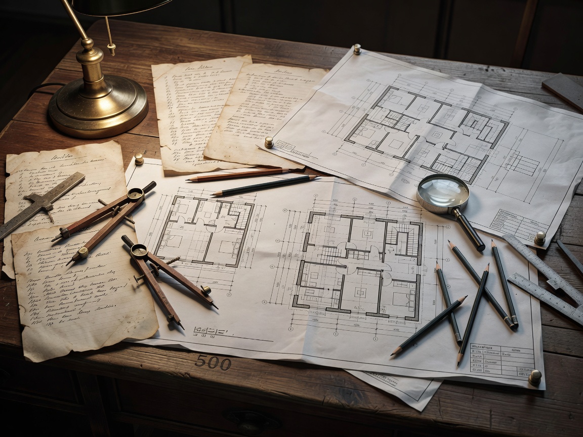 Detailed handwritten inventory lists and architectural plans resting on a desk