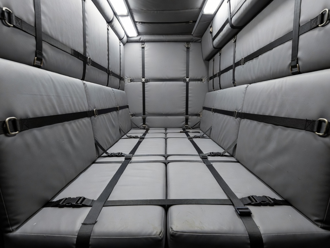 Interior view of a transport vehicle with padded walls and securing straps