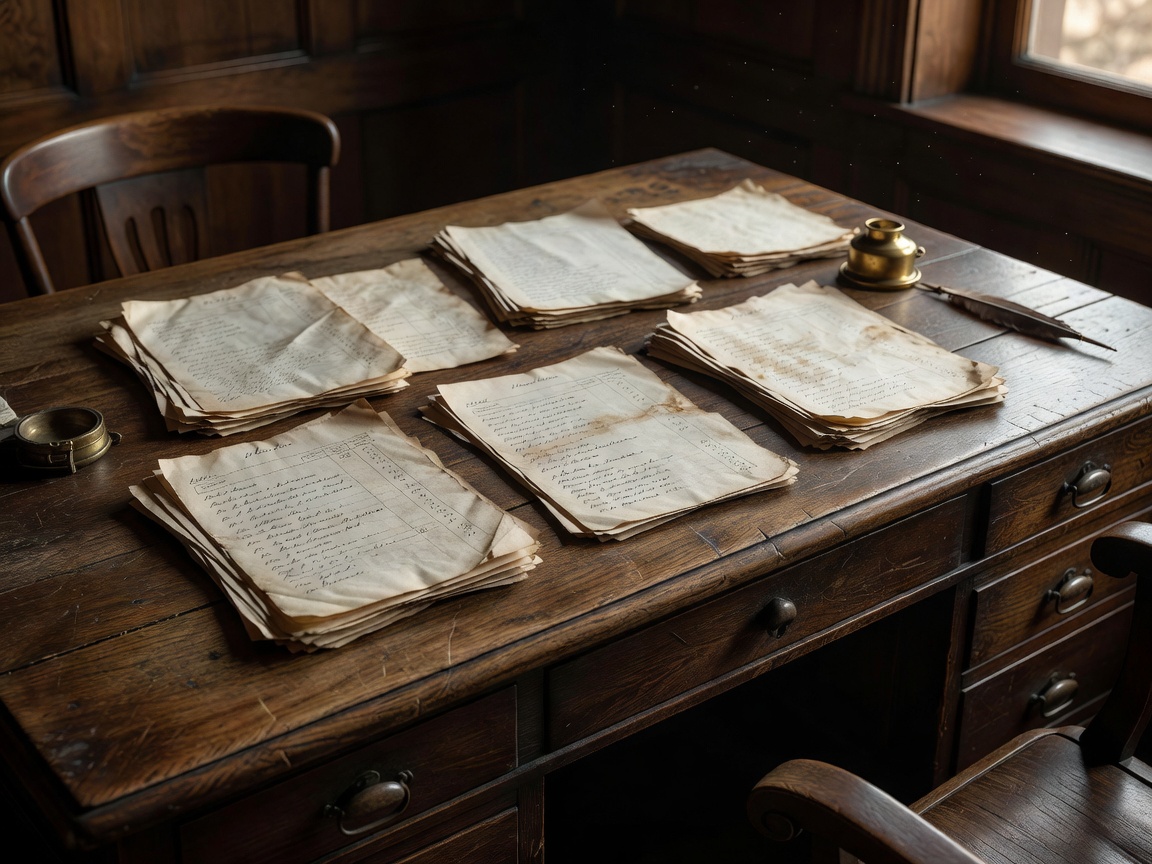 Paper documentation and inventory lists resting on an antique wooden desk