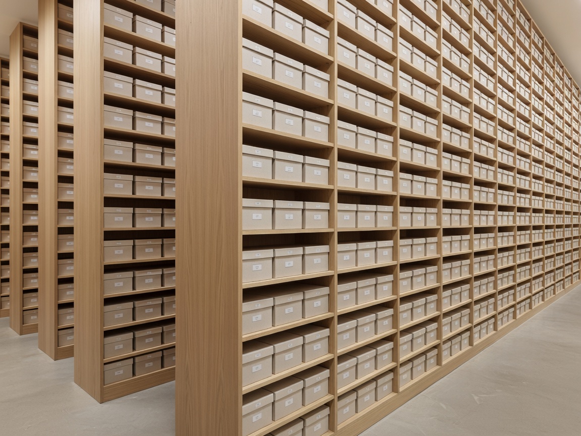Rows of wooden shelves in a climate controlled archival storage room