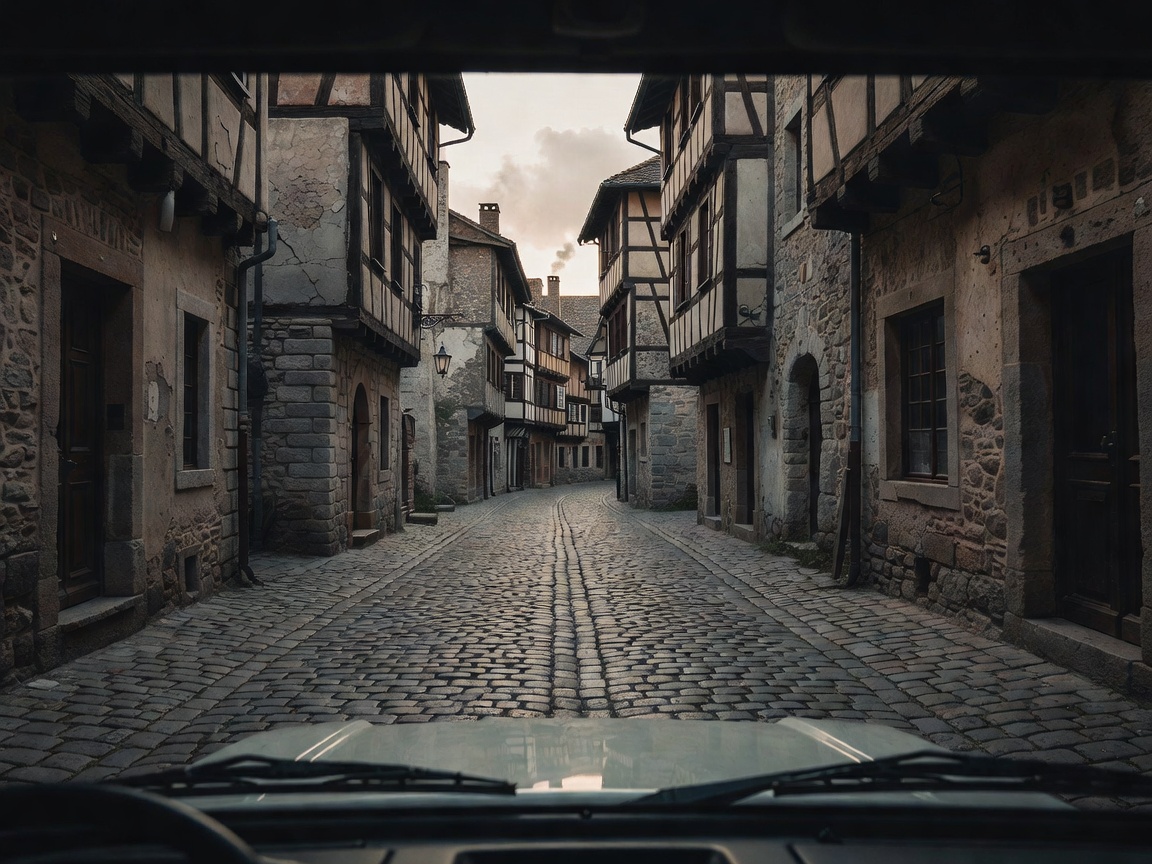View through a truck windshield looking down a narrow, historic European street
