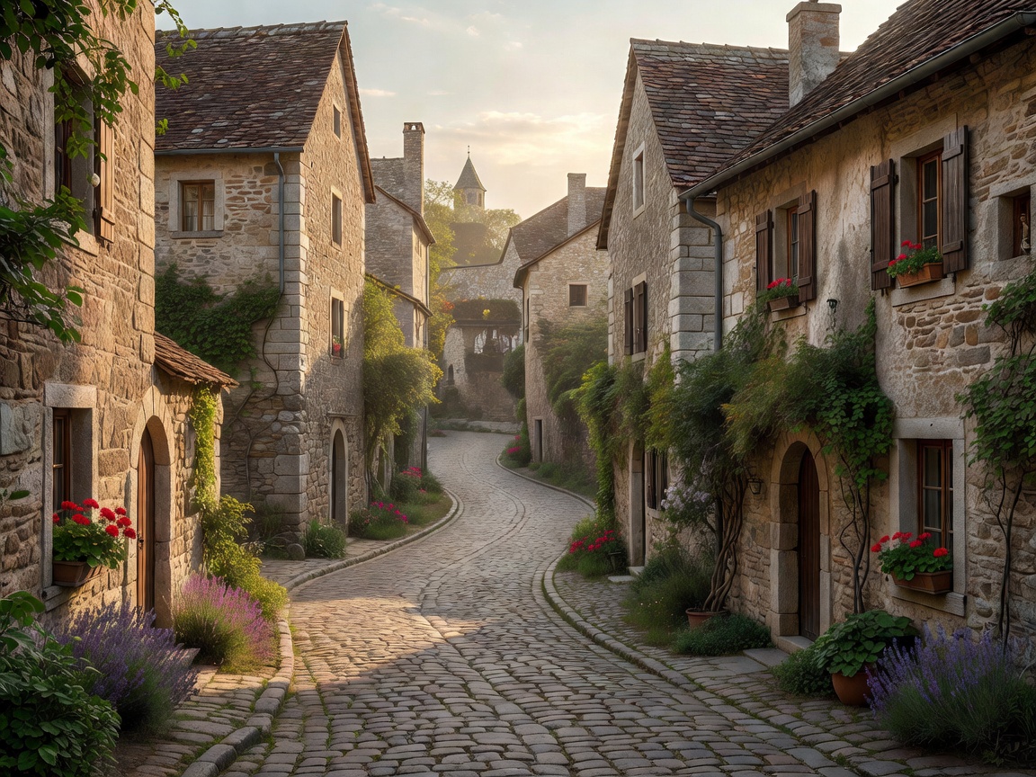 Winding European road passing through historic stone architecture