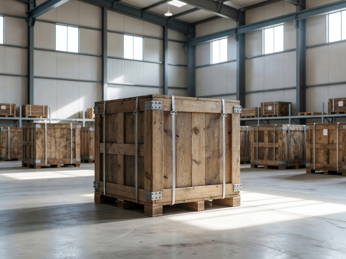 Wooden crate carefully secured in a brightly lit European storage facility